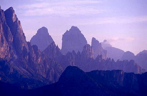 The Tre Cime di Lavaredo (Drei Zinnen) seen from the Marmarole group
