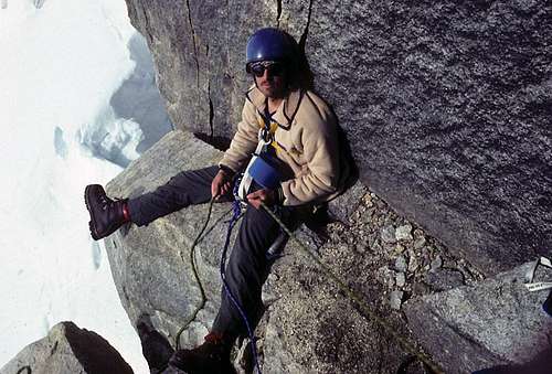 Bill Crouse lounging at a belay on the Gargoyle, Great Gorge