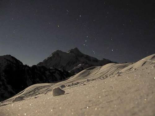 Moonlight and sparkling snow on Mt. Shuksan