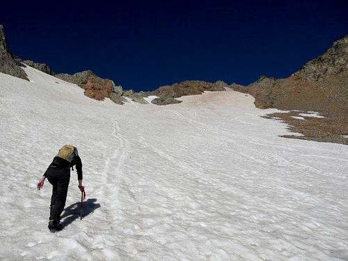 Erika ascending the snowfield