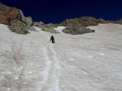 Erika ascending the snowfield.