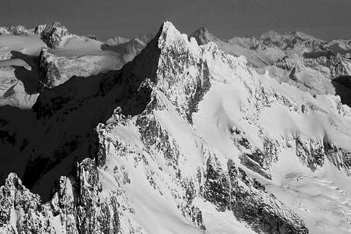 Winter time on the west ridge of Forbidden (aerial photography)
