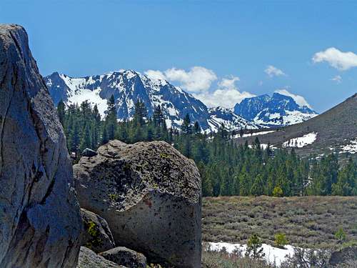 Carson Peak and Ritter and Banner from the east moraine of Reversed Peak