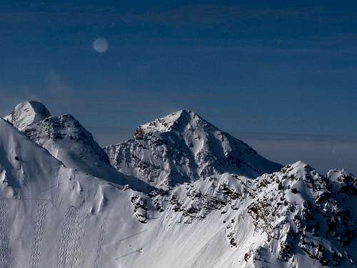 Twin Peaks and the moon behind Cardiac Ridge