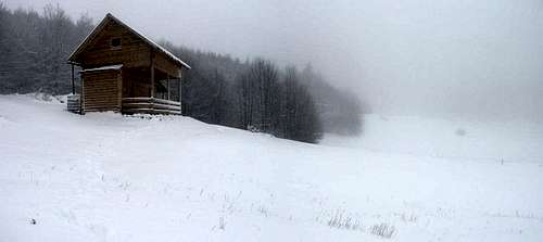 Hut in snow blizzard