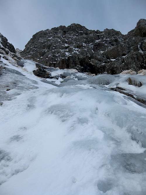 Ice on the lower pitches of Ben Nevis's Ledge Route