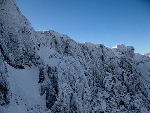Climbers on the upper half of No.3 Gully Buttress Original Route on Ben Nevis