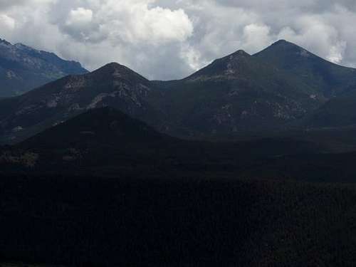 Zoomed into 'Thunder Peak', 'Lightning Peak', and Estes Cone from Beaver Mountain