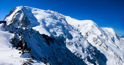 Skiers at the Cosmique Couloir