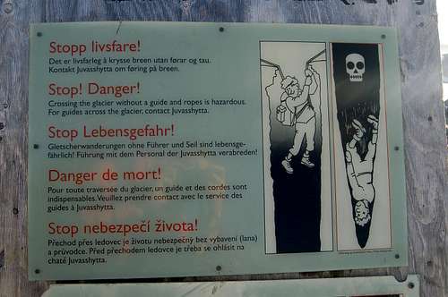 Sign at the edge of the Styggebrean Glacier