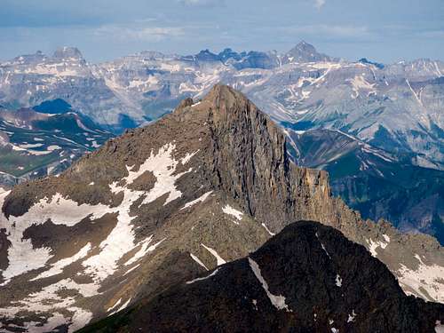 Wetterhorn Peak, with Mount Sneffels and the Sneffels Range in the distance