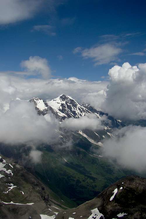 View of Grosses Wiesbachhorn (3564 m), dominating above Fuscher Tal, from Spielmann (3027 m) summit, 5 July 09