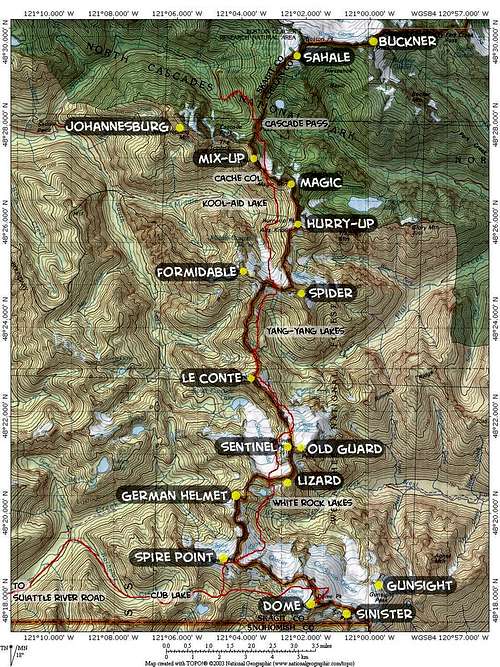Map of Ptarmigan Traverse showing all major peaks along the way