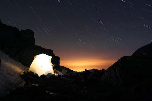 Night 3 on Ptarmigan Traverse: 30 minute exposure of star trails above camp on Dome Peak