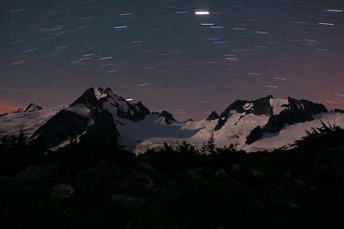 Night 4 on Ptarmigan Traverse: 9 minute exposure of star trails over Dome Peak from White Rock Lakes