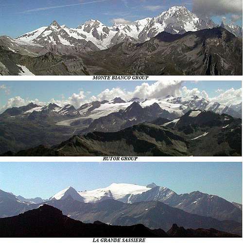 Pano views of:<br> Mont Blanc, Rutor and Grande Sassiere groups