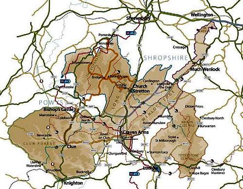 Area map of South Shropshire Hills AONB