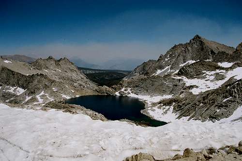 Columbine Lake and Needham Mountain from the top of Sawtooth Pass