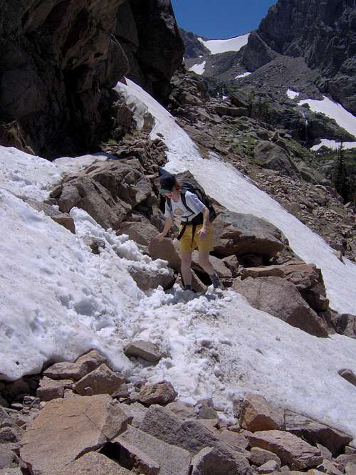 Crossing Snowbank in Odessa Gorge