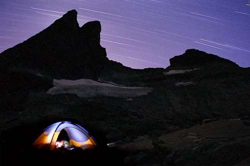 Star trails over camp below Mt Gimli in the Valhallas (BC)