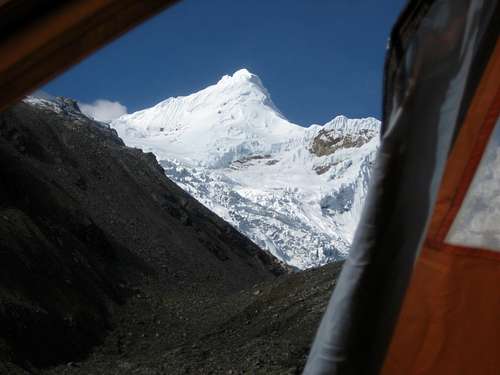 View of Tocllaraju from inside my tent in the Inshinca Valley