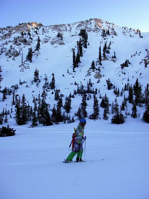 Troy skinning up for more of Sunset Peak