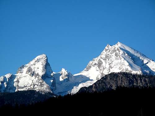 The Watzmann as seen from Berchtesgaden early in the morning in April 2