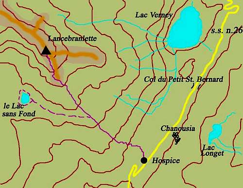 Hand-made map showing the routes to Lancebranlette and Lac sans Fond