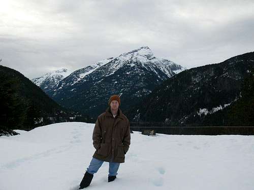 Jeans n' Gaitors in front of Diablo Lake with Davis in the background