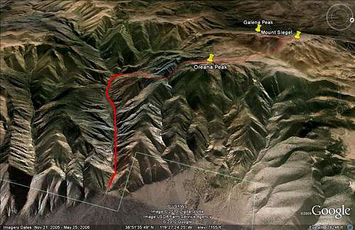 Google Earth™ showing the route in the Pine Nuts from Red Canyon