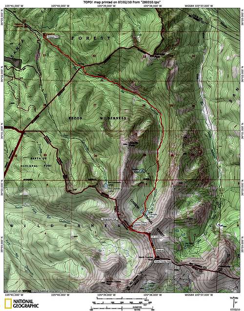 North Truchas Peak from Trampas Lakes: Route Map