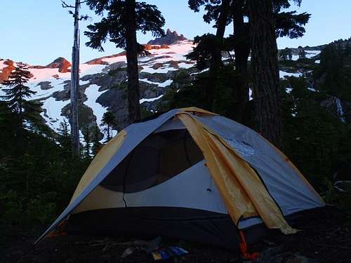 Camp with Sloan Peak in background