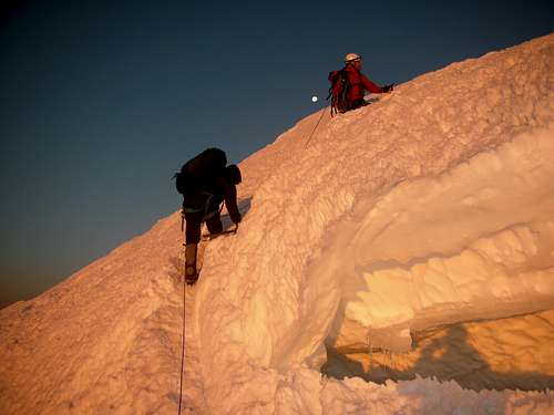 Skirting a crevasse near the summit