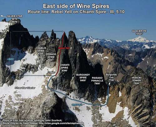 Wine Spires from the East, photo overlay of Rebel Yell