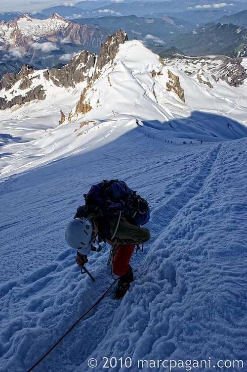 Climber ascending Roman Wall of Mt Baker