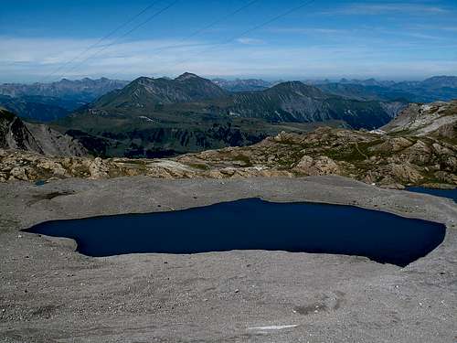 The Rawilseeleni lakes (2489m) seen from higher up on the Wildstrubel hut trail