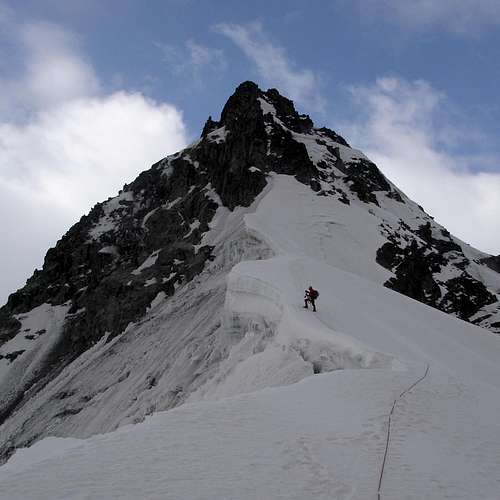 Finally off the steep stuff and onto the easy snow ridge.