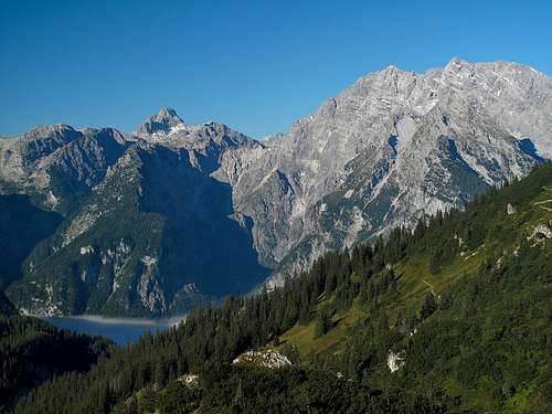 View to Grosser Hundstod and Watzmann, with fog over the Königssee lake
