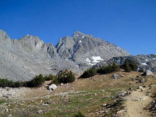 Looking back at the towering Mount Agassiz on the way back down the Bishop Pass in the afternoon