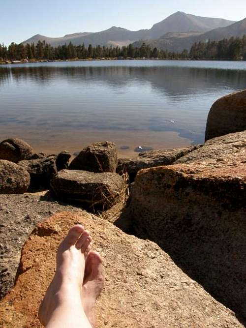 My feet at Muir Lake, Cirque Peak behind