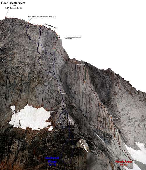 Bear Creek Spire N & NE Ridge from the side, nearly level with route top (Supercomposite) (Photo Topo)