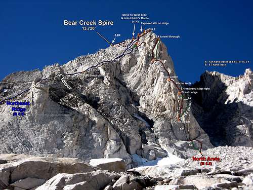 Bear Creek Spire N & NE Ridge from 3/4 perspective somewhat below route base (Photo Topo)