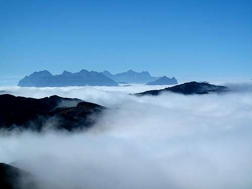 Fog on the Untersberg; Reiteralpe and Loferer Steinberge in the distance