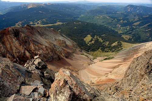 El Diente summit: looking down Kilpacker and Navajo drainages