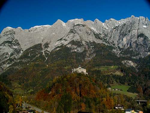 Hohenwerfen castle with the coulisse of the Tennengebirge range behind
