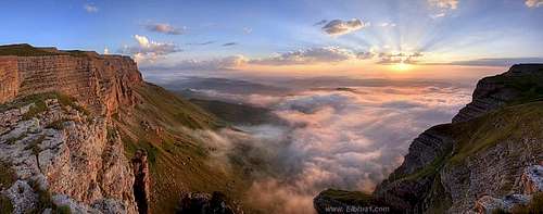 View on North Elbrus slopes, seen on sunset from Kindzhal plateau...