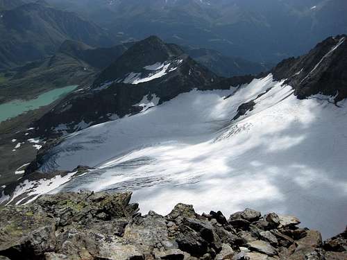 View east to the Cambrena glacier and Lago Bianco from Cresta d'Arlas