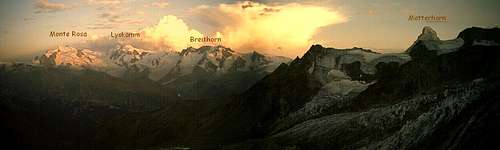 Views of Monte Rosa - Lyskamm - Breithorn - Matterhorn from the Rothorn Hut