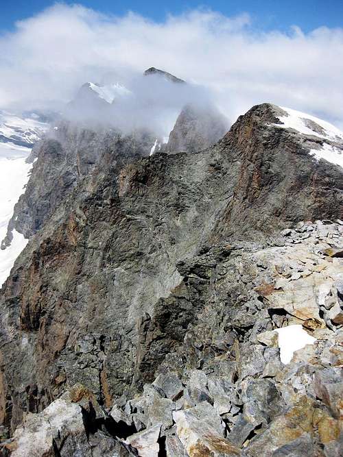Looking west along the steep south wall, from near Piz Sella