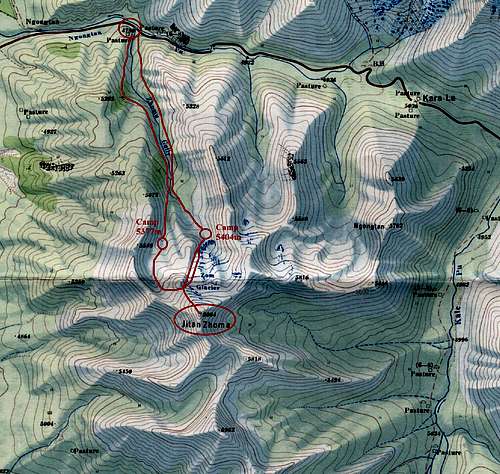Map of Jitan Zhoma NW face route 